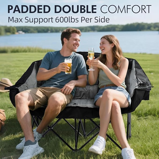 Double Camping Chair Loveseat - 2 Person Oversized Camping Couch for Adults Padded Heavy Duty Outdoor Lawn Beach Portable Folding XL Chairs with Cup Holders and Carry Bag Support 600lbs, Black/Grey - Image 2