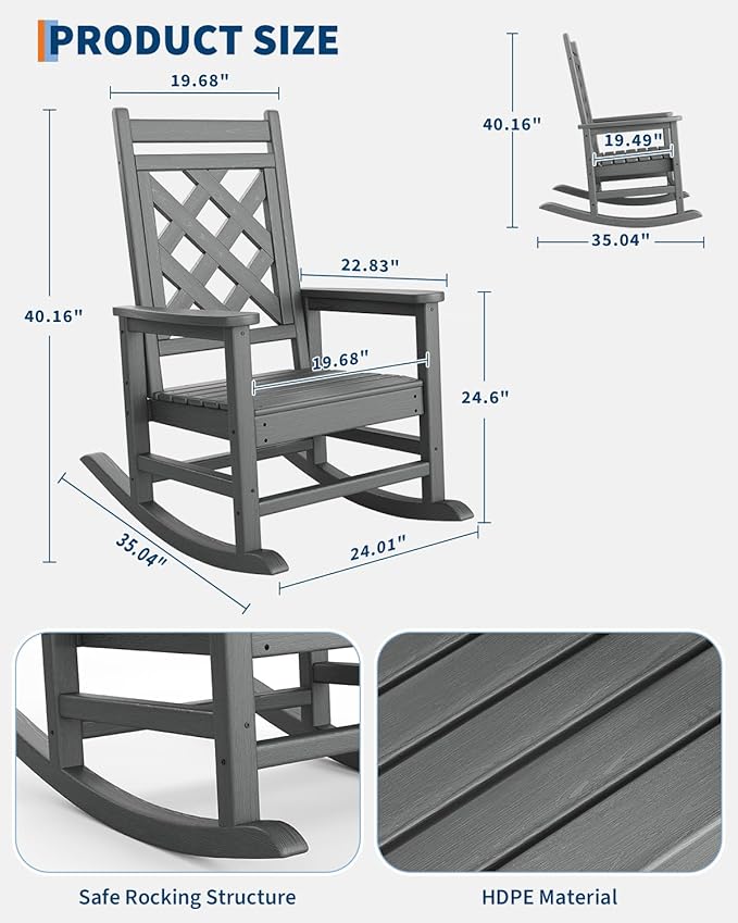GarveeLife Outdoor Rocking Chair Set of 6, HDPE Weather Resistant Patio Rocking Chair Porch Rocker with Wood Texture & 380 LBS Support for Deck, Pool, Backyard, Gray - Image 2