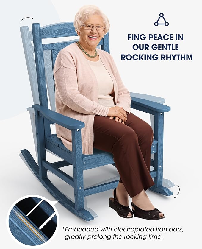 KINGYES HDPE Patio Rocking Chair Set of 2, Outdoor Rocking Chairs Porch Rocker for Adults, Navy - Image 7