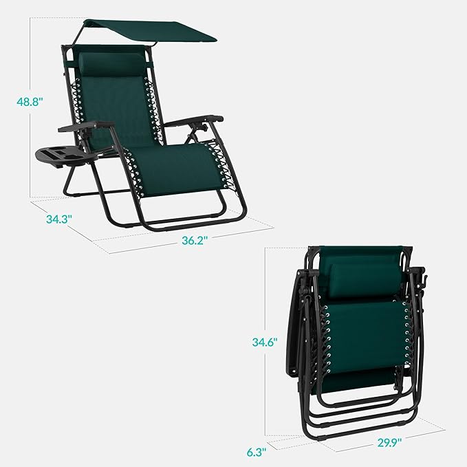 Best Choice Products 30” Wide Folding Zero Gravity Outdoor Recliner Patio Lounge Chair w/Adjustable Canopy Shade, Headrest, Side Accessory Tray - Forest Green - Image 2