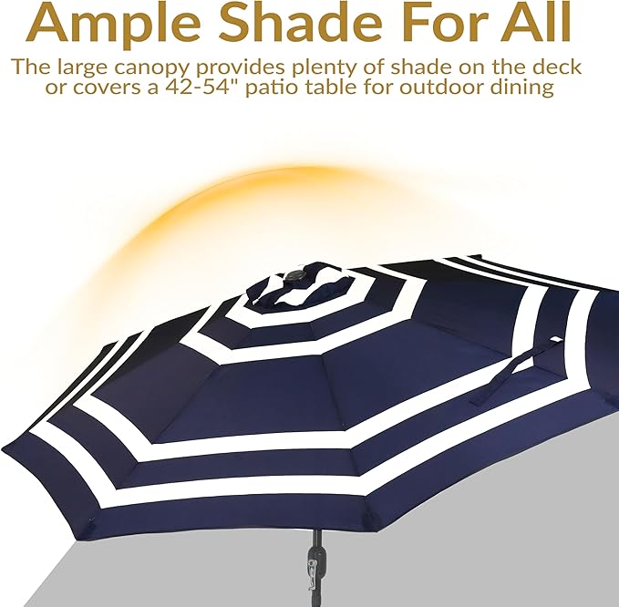Sunnydaze Outdoor Patio Umbrella - Polyester Table Market Umbrella with Push-Button Tilt and Crank - 8 Sturdy Ribs - Navy Blue Stripe - 9ft - Image 4