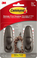 Command Medium Oil Rubbed Bronze Metal Hooks, 2 Hooks and 4 Strips, Damage-Free by Command