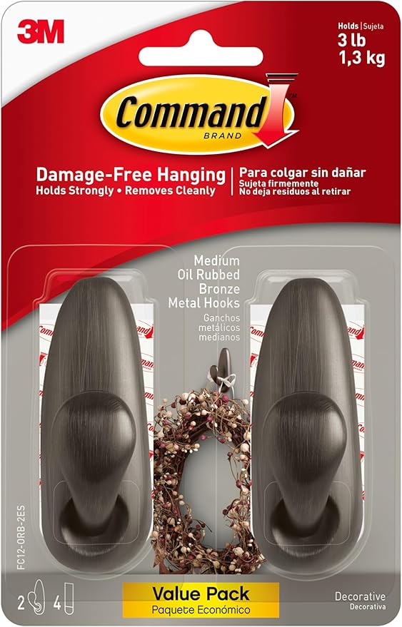 Command Medium Oil Rubbed Bronze Metal Hooks, 2 Hooks and 4 Strips, Damage-Free by Command