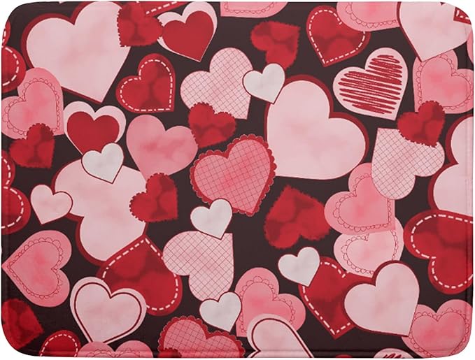 Valentines Day Dish Drying Mat for Kitchen Pink Red Hearts Absorbent Reversible by Unknown