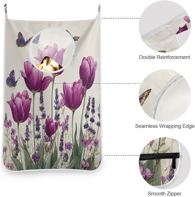 Purple Tulilp Butterfly Hanging Laundry Hamper Door Hampers Bag Basket - Image 5