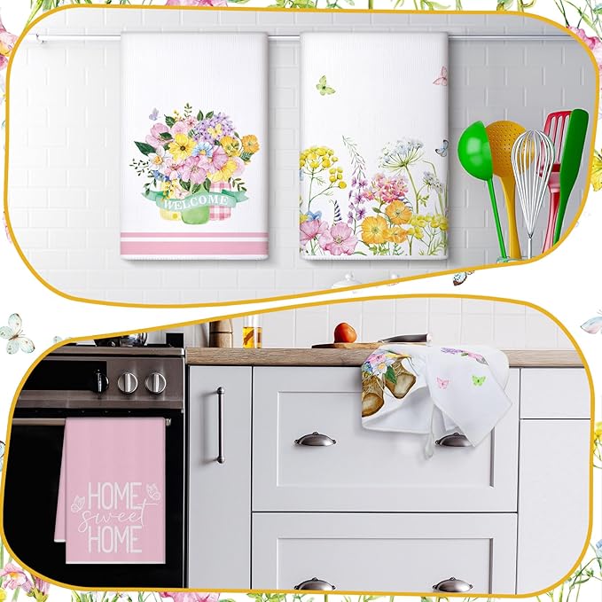 Bencailor 4 Pcs Pink Floral Kitchen Towels Pink and White Flower Hand Dish - Image 4