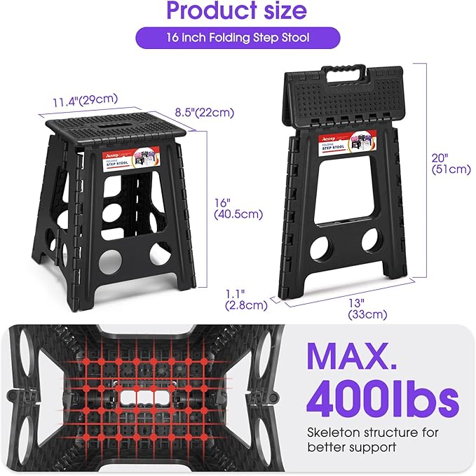 ACSTEP 16 Inch Folding Step Stool for Adults and Kids, Non-Slip Plastic Foldable Stepping Stool, Collapsible Folding Stool with Handle Holds Up to 400lbs for Kitchen, Dot Black (1 Pack) - Image 2