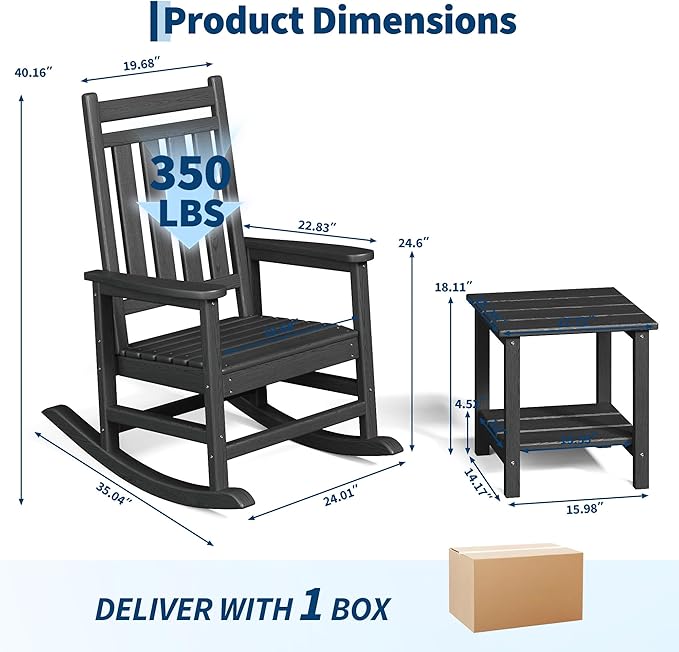 HDPE Rocking Chair Outdoor Set of 4 with 2 Side Table - Poly High Back Porch Rocker Chairs for Adults - All Weather Resistant Furniture for Patio Front Porch - Black - Image 2