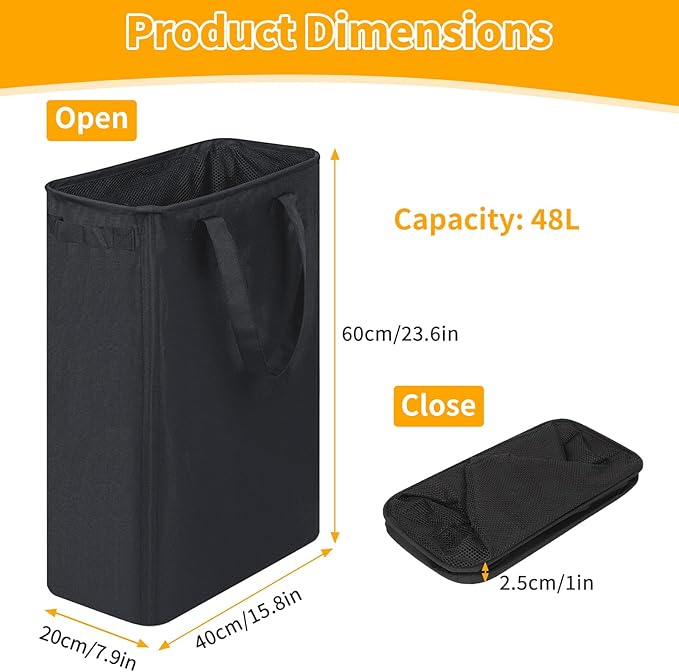Slim Laundry Hamper, 48L Ultra Thin Collapsible Laundry Basket - Image 2