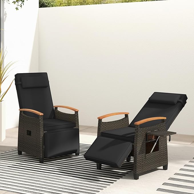 RELAX4LIFE Rattan Outdoor Recliner Chair - Wicker Chaise Lounge Chair w/Adjustable Back & Footrest, Acacia Wood Armrests, Flip Side Table, Cushion, Reclining Patio Chair for Pool Yard (1, Black) - Image 9