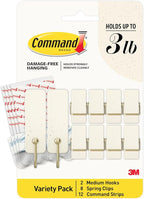 Command Mixed Hook Pack, Cream Speckle, 2 Medium Hooks, 8 Spring Clips by Command