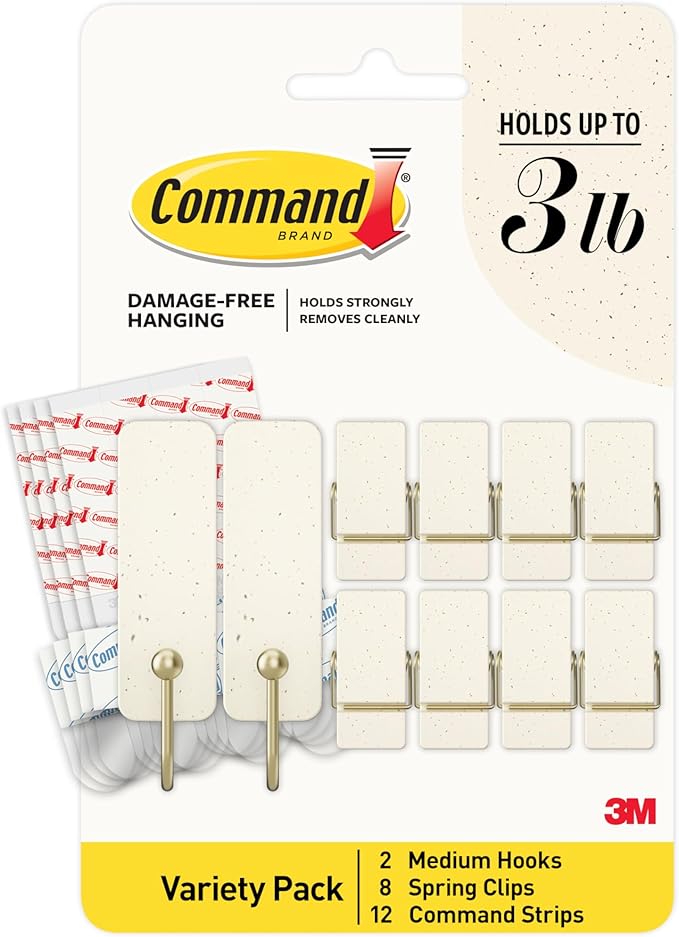 Command Mixed Hook Pack, Cream Speckle, 2 Medium Hooks, 8 Spring Clips by Command