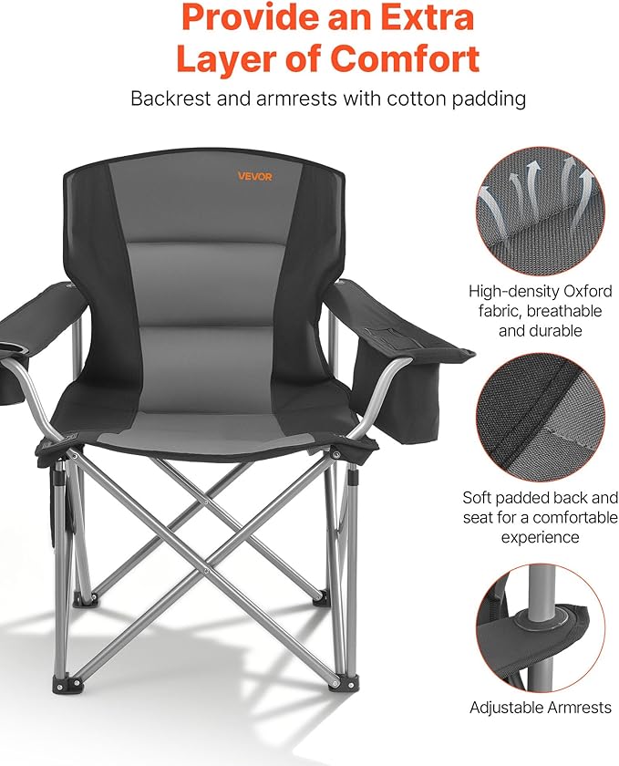 VEVOR Oversized Camping Folding Chair, Portable Heavy Duty Outdoor Quad Lumbar Back Padded with Side Pockets, Cup Holder and Cooler Bag for Beach, Lawn, Picnic, Fishing, Backpacking, 2 Pack - Image 7