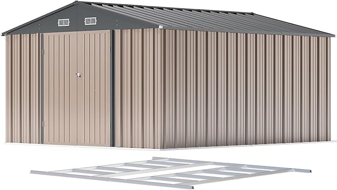 Patiowell 10 x 12 FT Metal Storage Shed for Outdoor with Floor Frame, Steel Yard Shed with Design of Lockable Doors, Utility and Tool Storage for Garden, Backyard, Patio, Outside use,Brown - Image 8