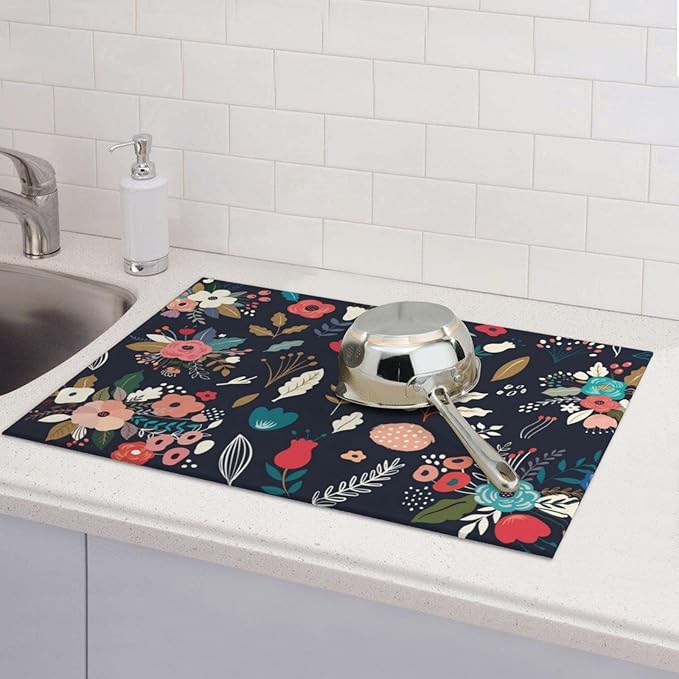 Colorful Flowers Black Dish Drying Mat 18x24 - Image 7
