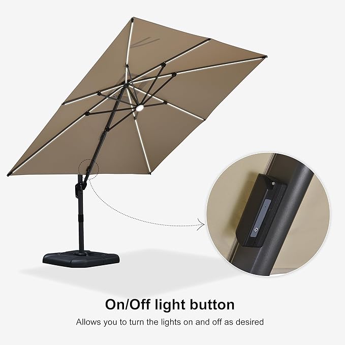 PURPLE LEAF 10 Feet Patio Umbrella with Base Outdoor Cantilever Solar Powered LED Square Umbrella Aluminum Offset Umbrella with 360-degree Rotation for Garden Deck Pool Patio, Beige - Image 7