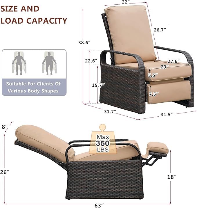 ATR ART TO REAL Outdoor Recliner, Outdoor Wicker Recliner Chair with 5.12'' Cushions, Automatic Adjustable Patio Chaise Lounge Chairs, Aluminum Frame. UV Protected and Rustless (Khaki) - Image 2