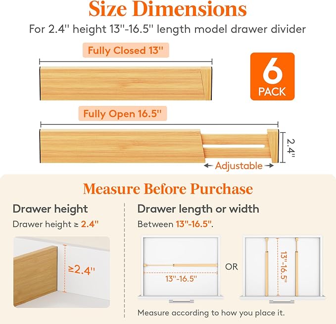 Lifewit 2.4" High 6 Pack Bamboo Drawer Dividers 33-42cm/13-16.5" Adjustable - Image 3