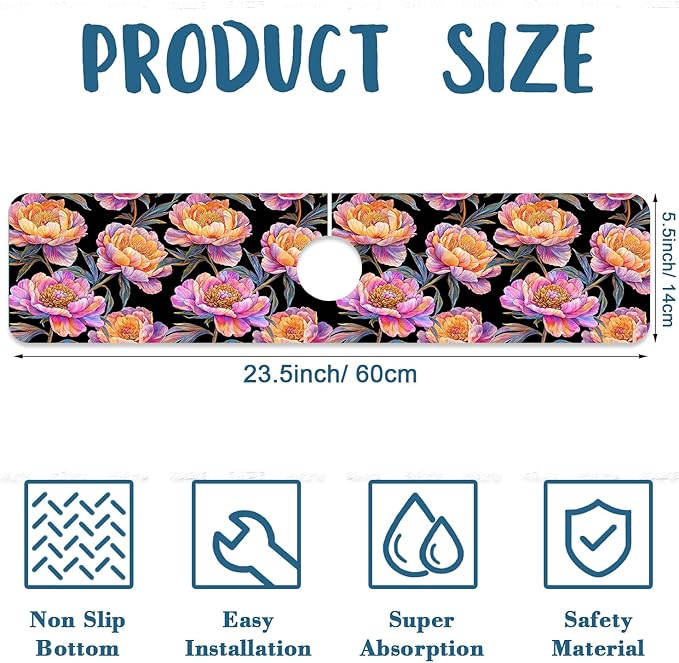 Colorful Peonies Sink Faucet Absorbing Mat Blooming Peonies Super Absorbent - Image 2