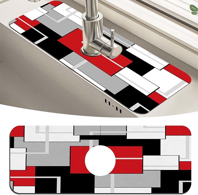 MCALK Geometric Red Kitchen Sink Faucet Mat Splash Guard, Absorbent Quick-Dry by MCALK