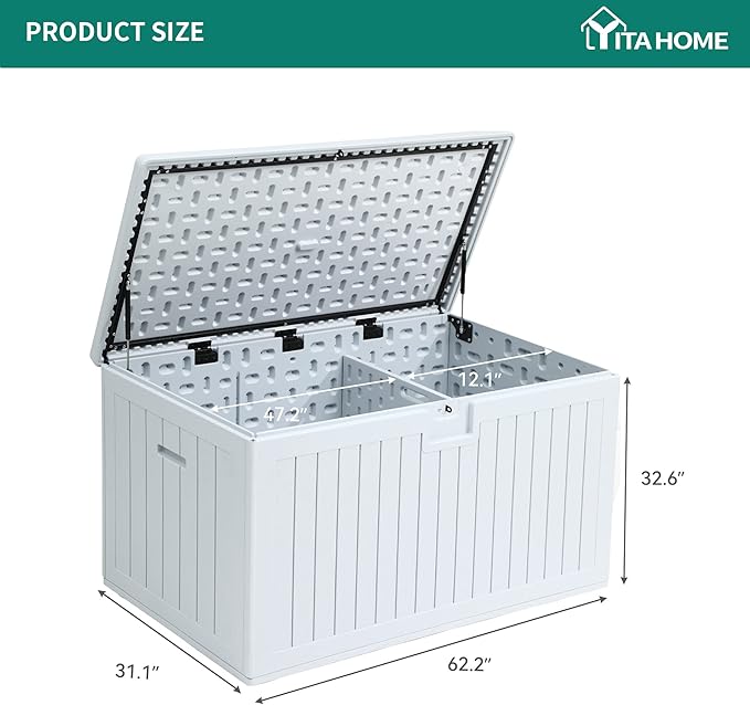 YITAHOME XXL 230 Gallon Large Deck Box,Outdoor Storage for Patio Furniture Cushions,Garden Tools with Flexible Divider,Waterproof,Lockable (White) - Image 8