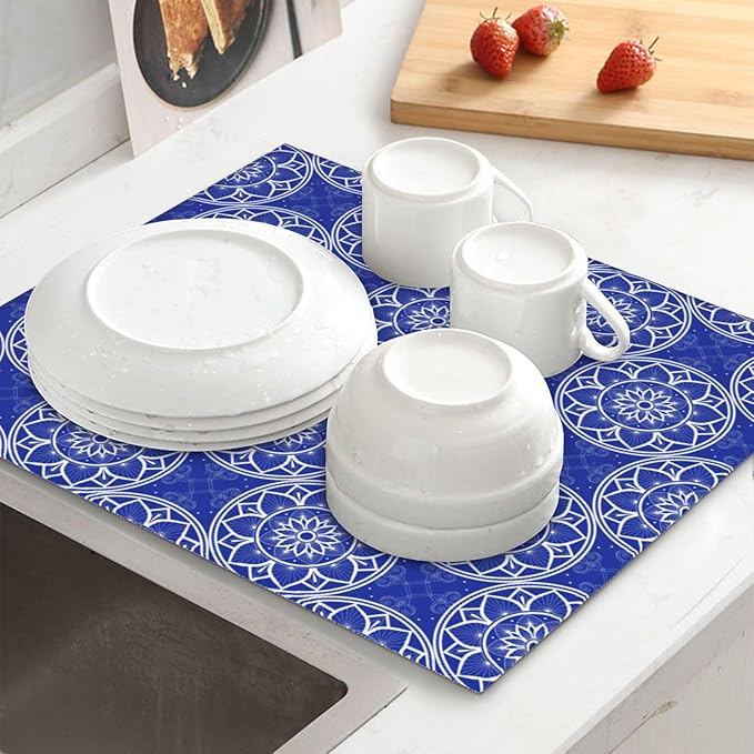 Chinoiserie Blue and White Floral Dish Drying Mats - Image 3