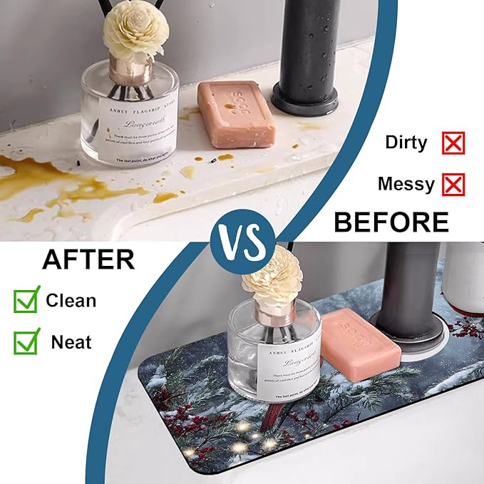 Winter Sink Splash Guard Faucet Mat Cardinal Christmas Super Absorbent Fast - Image 6
