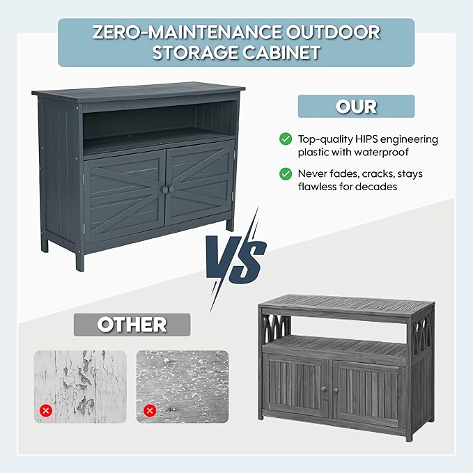 HIPS All-Weather Outdoor Storage Cabinet,Outdoor Sideboard with Magnetic Doors,3-Shelves Patio Storage Cabinet, Used for Garden,Buffet Cabinet,TV Stand, Bar Table,Balcony - Image 6