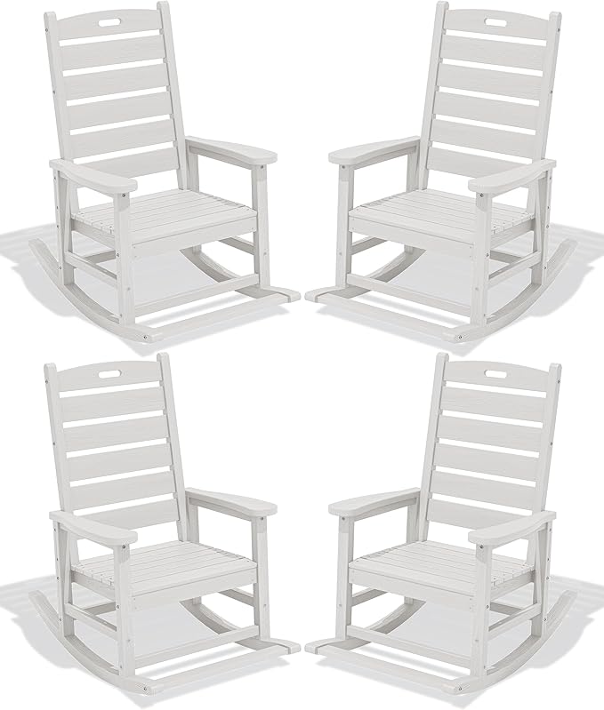 SERWALL Outdoor Rocking Chair Set of 4, Oversized HDPE Patio Rocking Chair with Footrest for Adults, All Weather Porch Rocker for Deck Patio Balcony, White by SERWALL