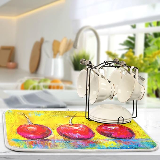 Red Apple On Yellow Background Dish Drying Mat - Image 5