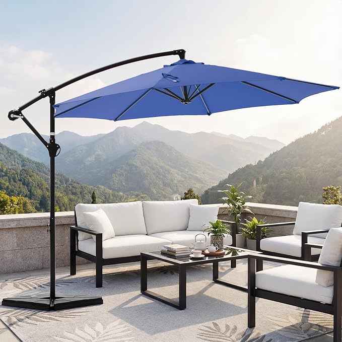 OLIXIS 9.7FT Offset Patio Umbrella with Base, Cantilever Table Umbrellas for Outdoor Sun Shade UV Protection with Easy Tilt Adjustment, 8 Ribs for Backyard, Lawn, Garden, Pool - Blue - Image 7