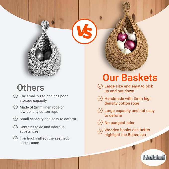 Hanging Fruit Baskets for Kitchen, 3 Pack Boho Cotton Rope Handwoven Vegetable - Image 3