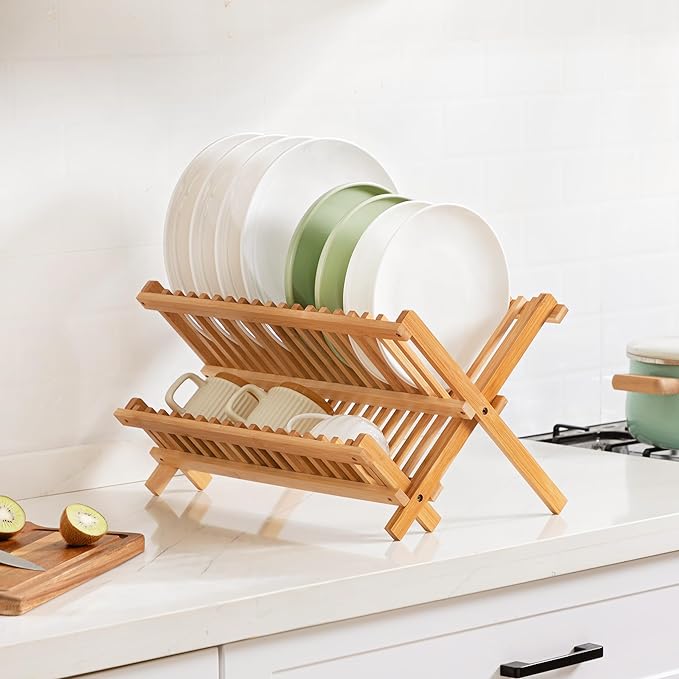 Bamboo Dish Drying Rack with Utensil Holder, 2 Tier Collapsible Dish Rack - Image 7