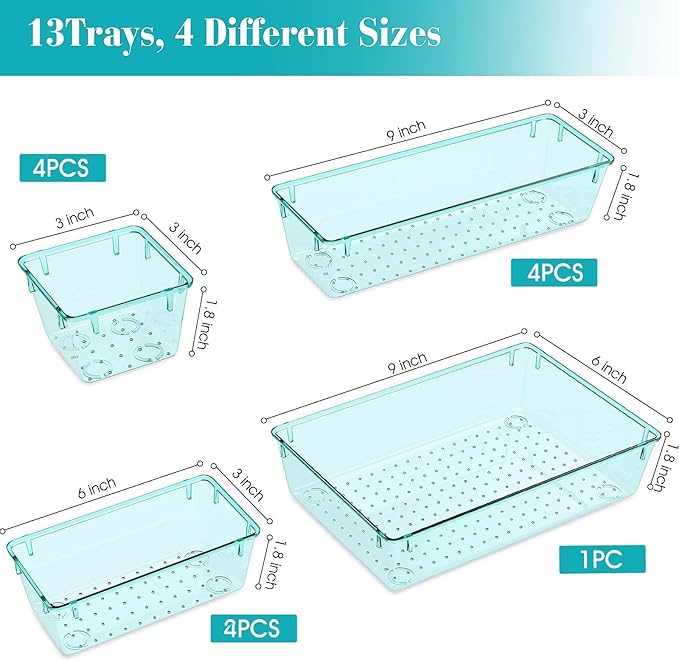 13 PCS Clear Plastic Drawer Organizers Set, 4 Size Desk Drawer Organizer Trays - Image 2
