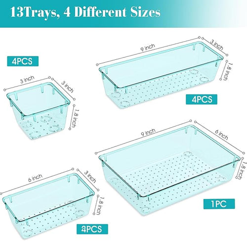 13 PCS Clear Plastic Drawer Organizers Set, 4 Size Desk Drawer Organizer Trays - Image 2
