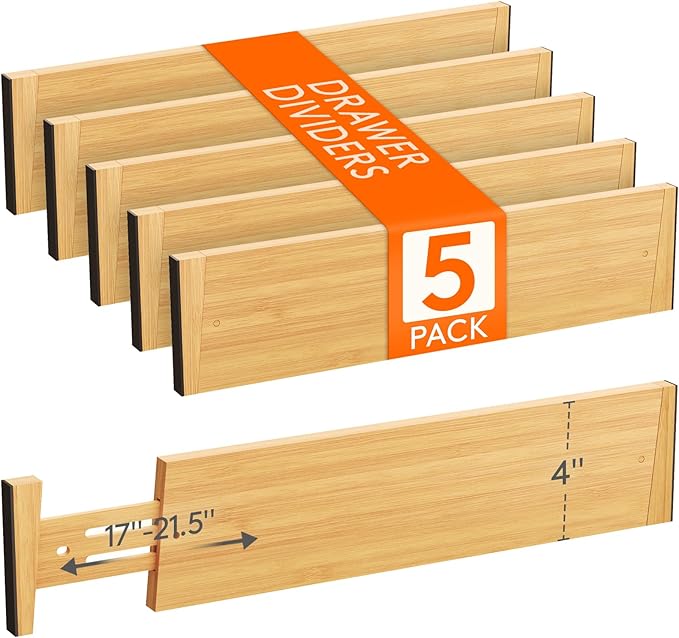 Lifewit 4" High 5 Pack Bamboo Drawer Dividers 43-54cm/17-21.5" Adjustable by Lifewit