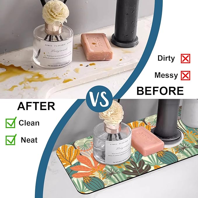 Abstract Leaves Sink Faucet Absorbing Mat Boho Leaves Super Absorbent Fast - Image 6