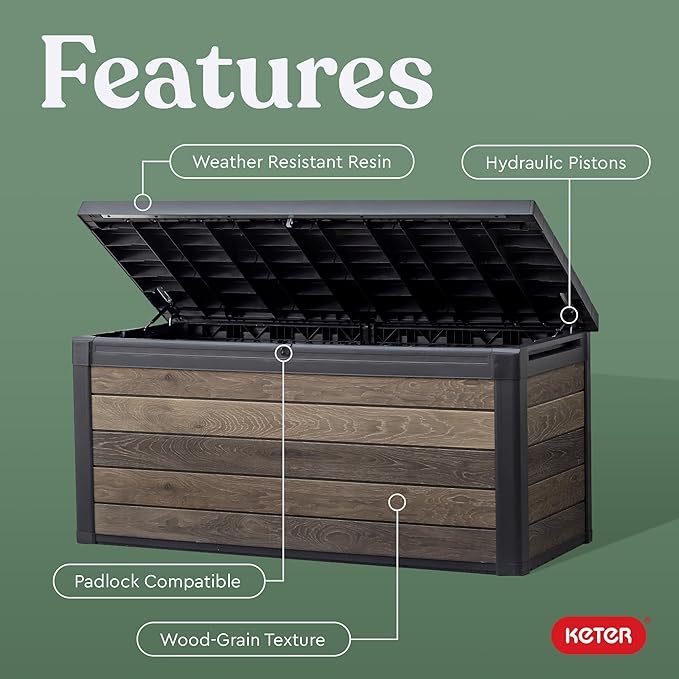 Keter Signature Collection 150 Gallon Resin Deck Box Organization and Storage Box for Patio Outdoor Cushions, Throw Pillows, Garden Tools and Pool Supplies, Walnut - Image 4
