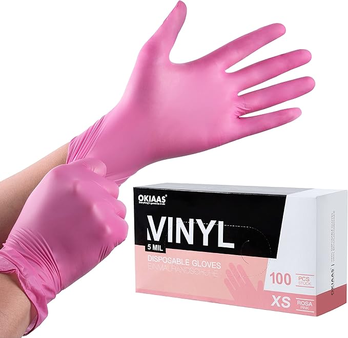 OKIAAS Black/Pink Vinyl Disposable Gloves Latex Free, Food Grade, 5 mil by OKIAAS