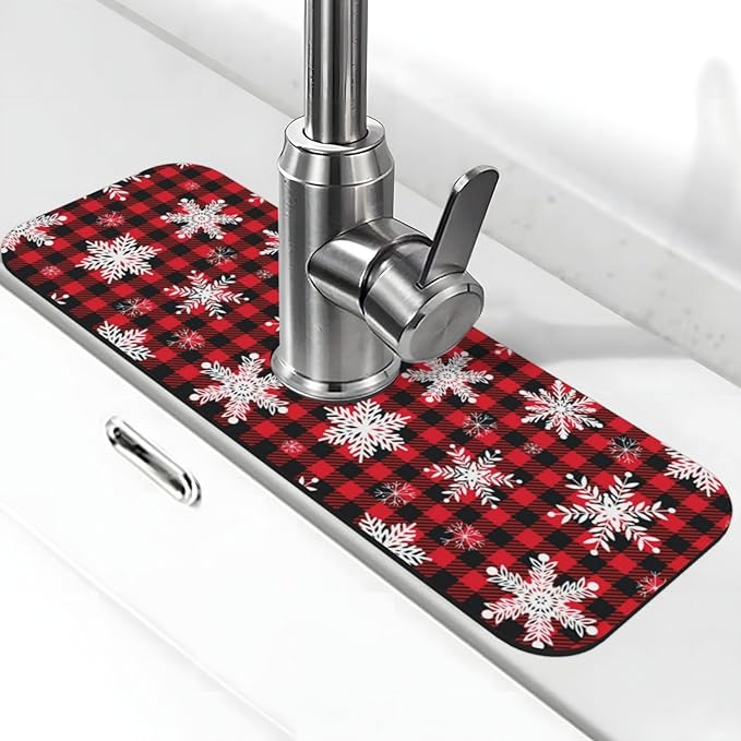Christmas Snowflake Ho Red Black Buffalo Plaid Kitchen Sink Splash Guard Faucet by WILL+BUDXEG