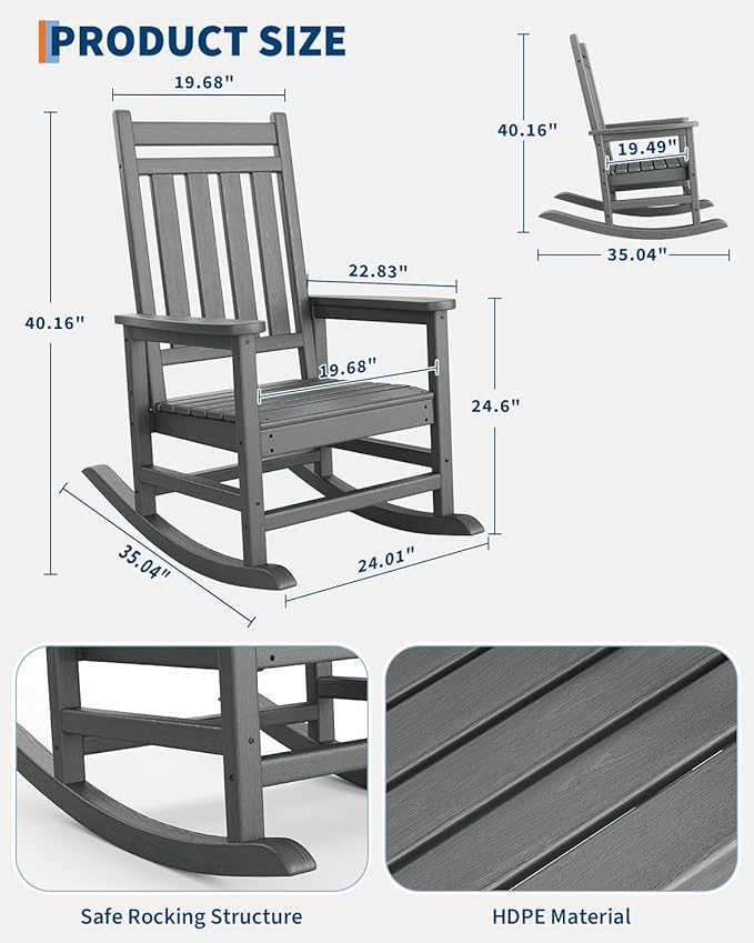 GarveeLife Poly Lumber Rocking Chair Outdoor Set of 2- HDPE High Back Porch Rocker Chairs for Adults - All Weather Resistant Furniture for Patio - Gray - Image 2