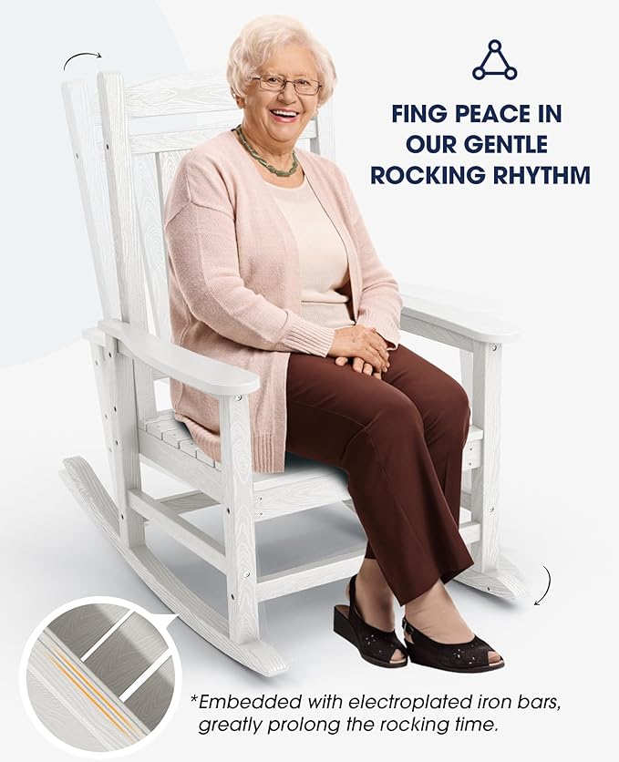 KINGYES HDPE Patio Rocking Chair Set of 4, Outdoor Rocking Chairs Porch Rocker for Adults, White - Image 5