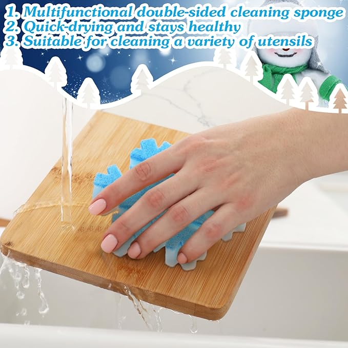 Tioncy 12 Pack Christmas Snowflake Sponges Bulk White Blue Dual Sided Scrubber - Image 5