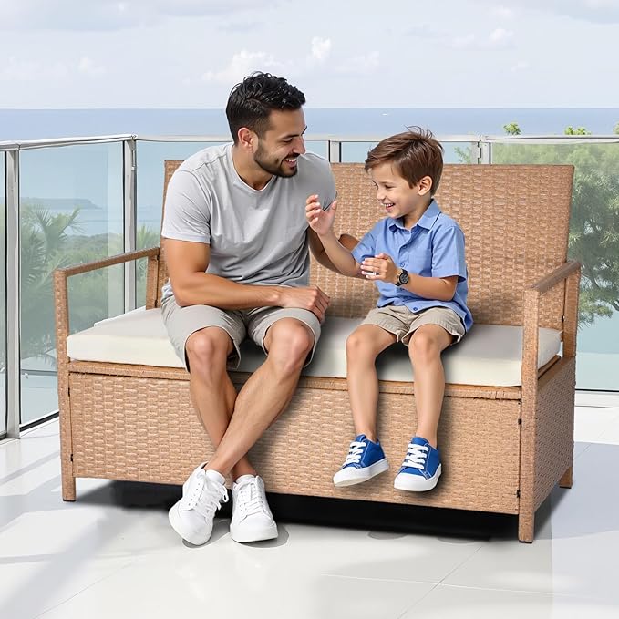 VEVOR Outdoor Storage Bench, 2-Person PE Rattan Storage Bench, 70 Gal Deck Box with Cushion, Supports up to 265 lbs, Weatherproof Outdoor Seating & Porch Decor for Patio Garden Balcony Yard - Image 2