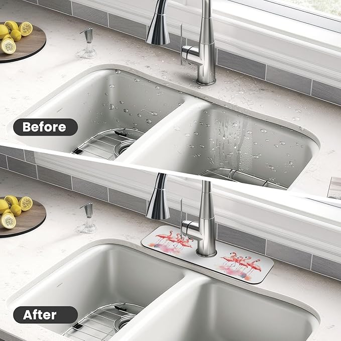 Kitchen Sink Splash Guard Faucet Mat Pink Flamingos Watercolor 15"x5.5" - Image 4