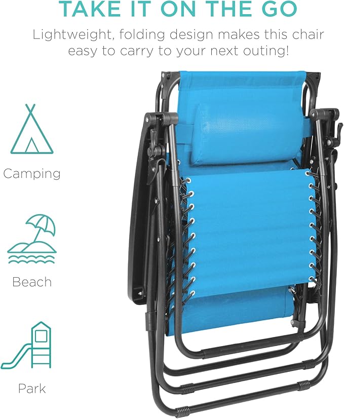 Best Choice Products Folding Zero Gravity Outdoor Recliner Patio Lounge Chair w/Adjustable Canopy Shade, Headrest, Side Accessory Tray, Textilene Mesh - Light Blue - Image 8