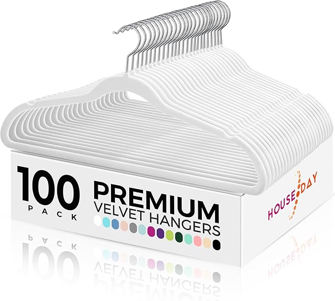 HOUSE DAY Premium Velvet Hangers 100 Pack White, Non-Slip Flocked Felt Hangers by HOUSEDAY