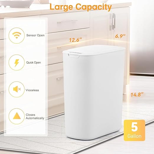 Bathroom Trash Can with Lid 5 Gallon White Motion Senor Touchless Automatic - Image 2