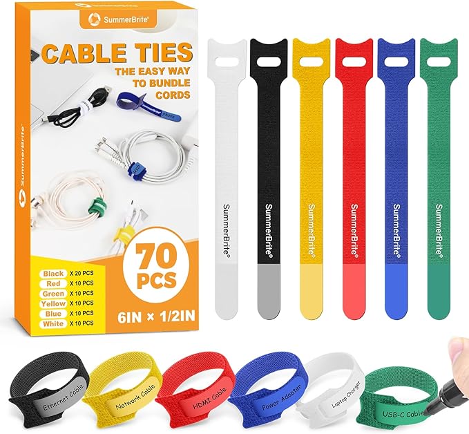 70 Pack Multi-Color Cable Ties 6 Inch by Summerbrite