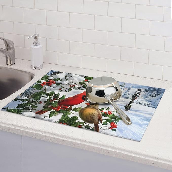 Kitchen Drying Mat Winter Cardinal Birds Microfiber Dish Drainer Mat - Image 2